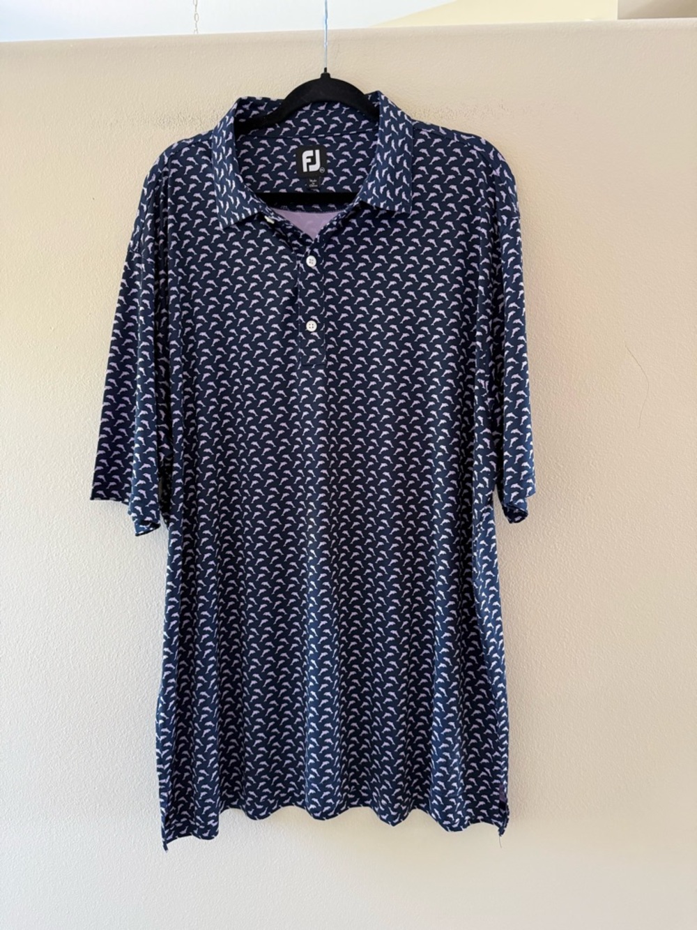 FootJoy Men’s Navy Golf Polo with Lavender Dolphin Pattern